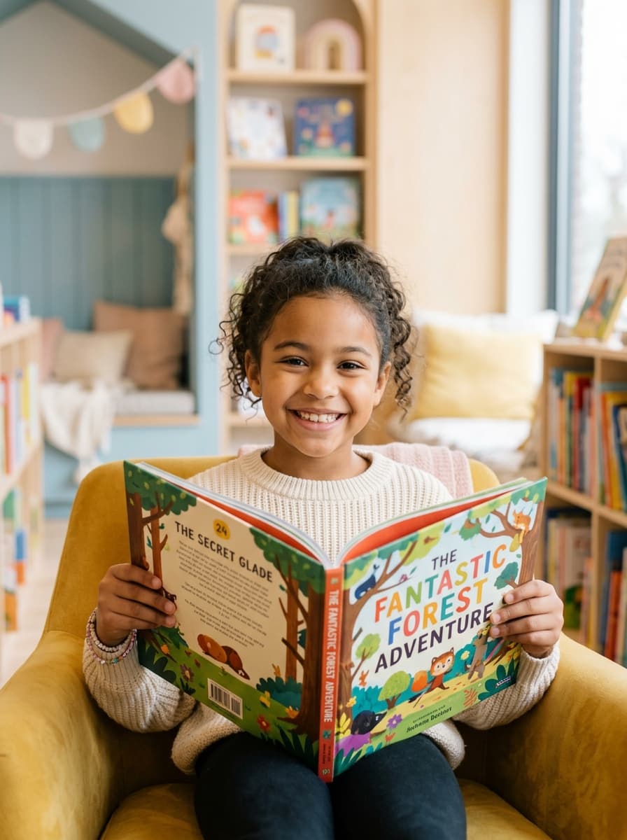 Joyful child reading storybook